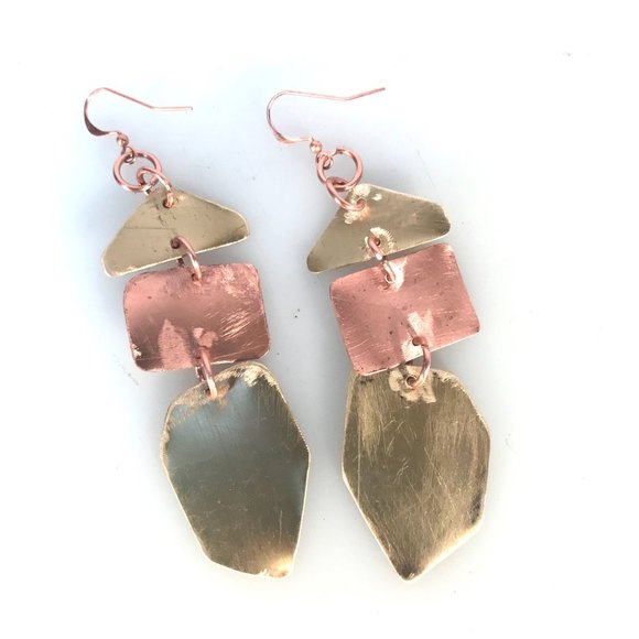 Brass Copper Long Brutalist Statement Earrings - Picture 10 of 13